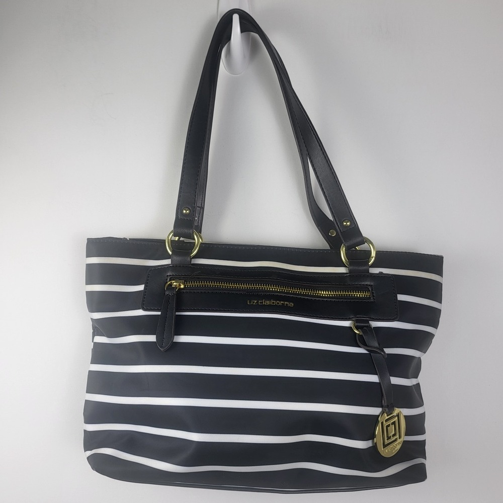 Liz Claiborne Purse Top Zip Black & White Stripe Gold Trim 5 Pocket Shoulder Bag